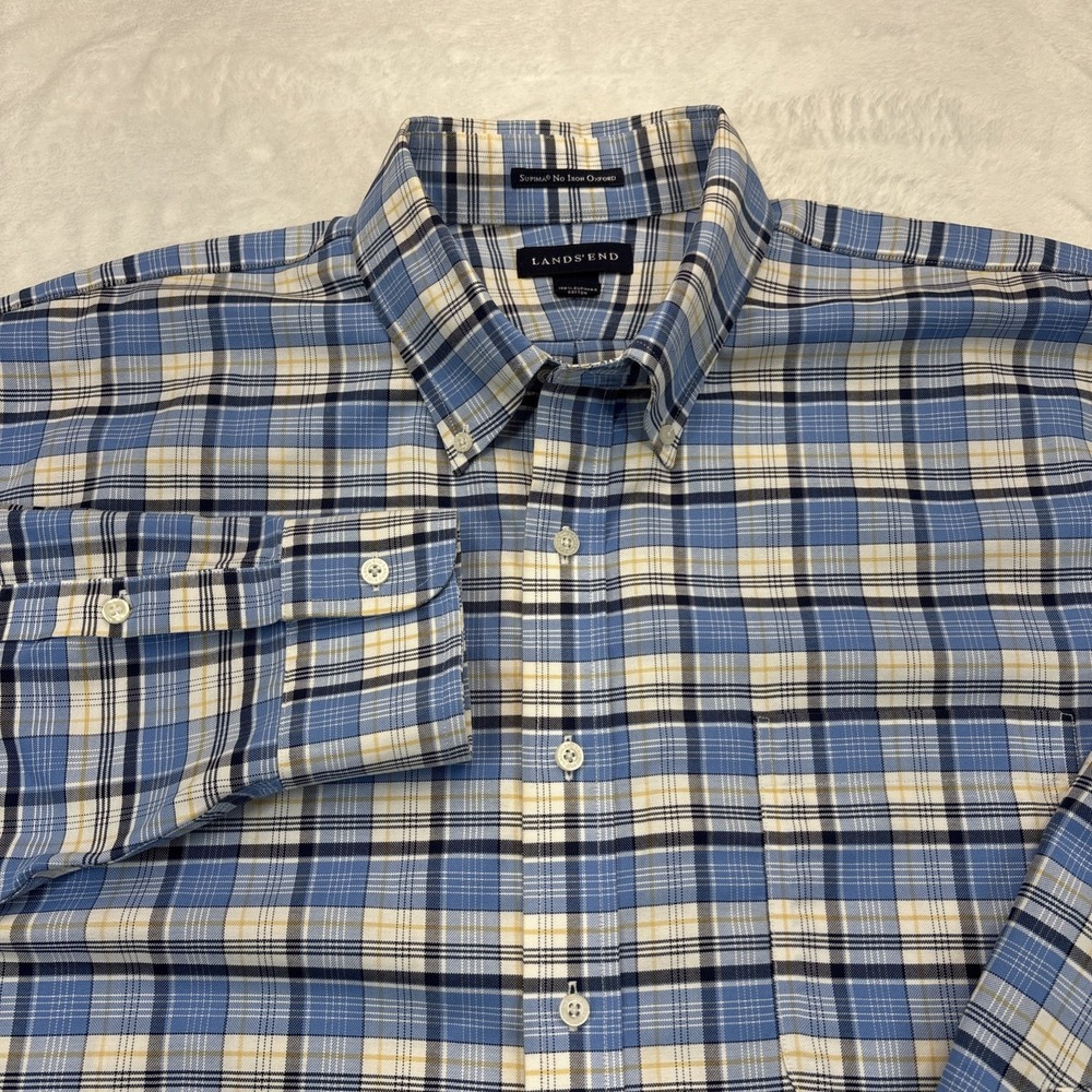 Lands' End Supima No Iron Oxford Shirt Men 18/34 Trad Fit Plaid Blue